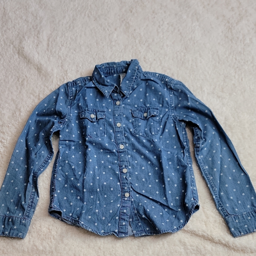 Cherokee S 6/6X Chambray Denim Blue Polka Dot Button Down Cotton Shirt